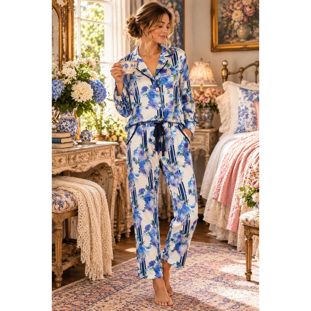 J. Crew Womens 2 Piece Satin Drapey Lounge Pajama Set Vintage Floral Stripe S/6